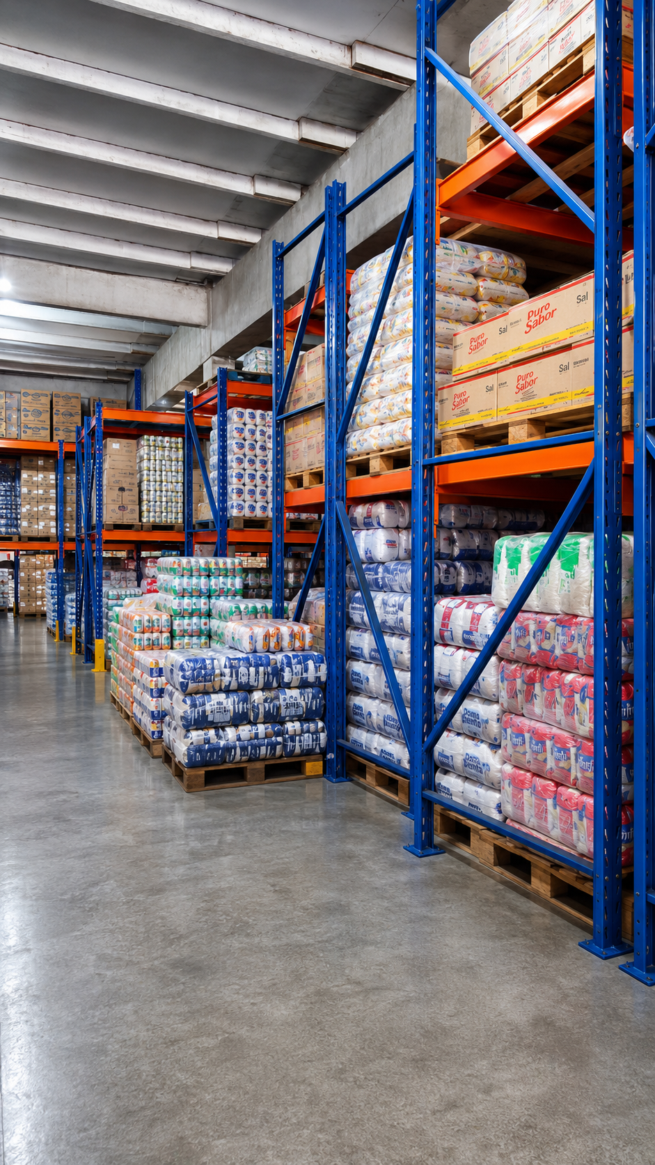 Galpão com pallets e estoque organizado da distribuidora